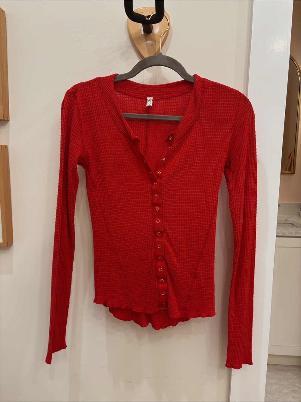 Classic Red Waffle-Knit Button-Front Long Sleeve Tee